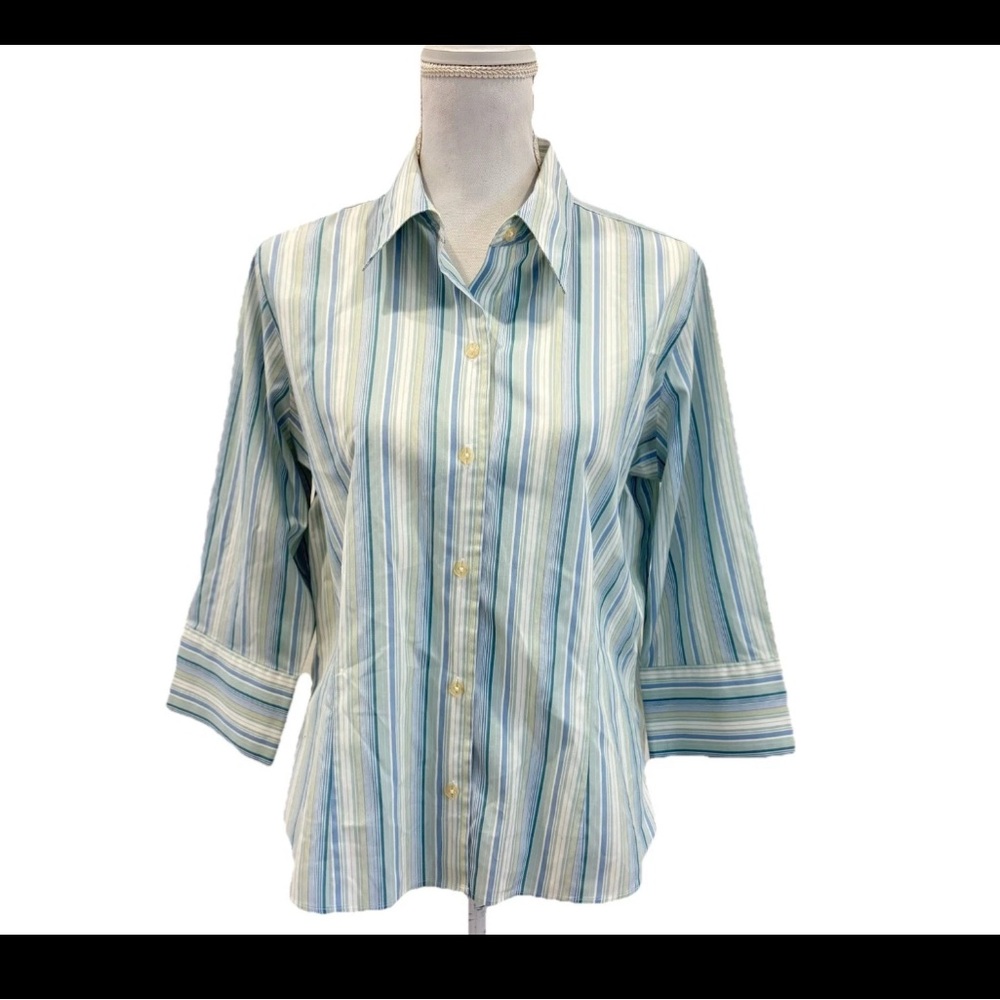Eddie Bauer Wrinkle Resistant Green Blue Striped Button Up Shirt Large Petite